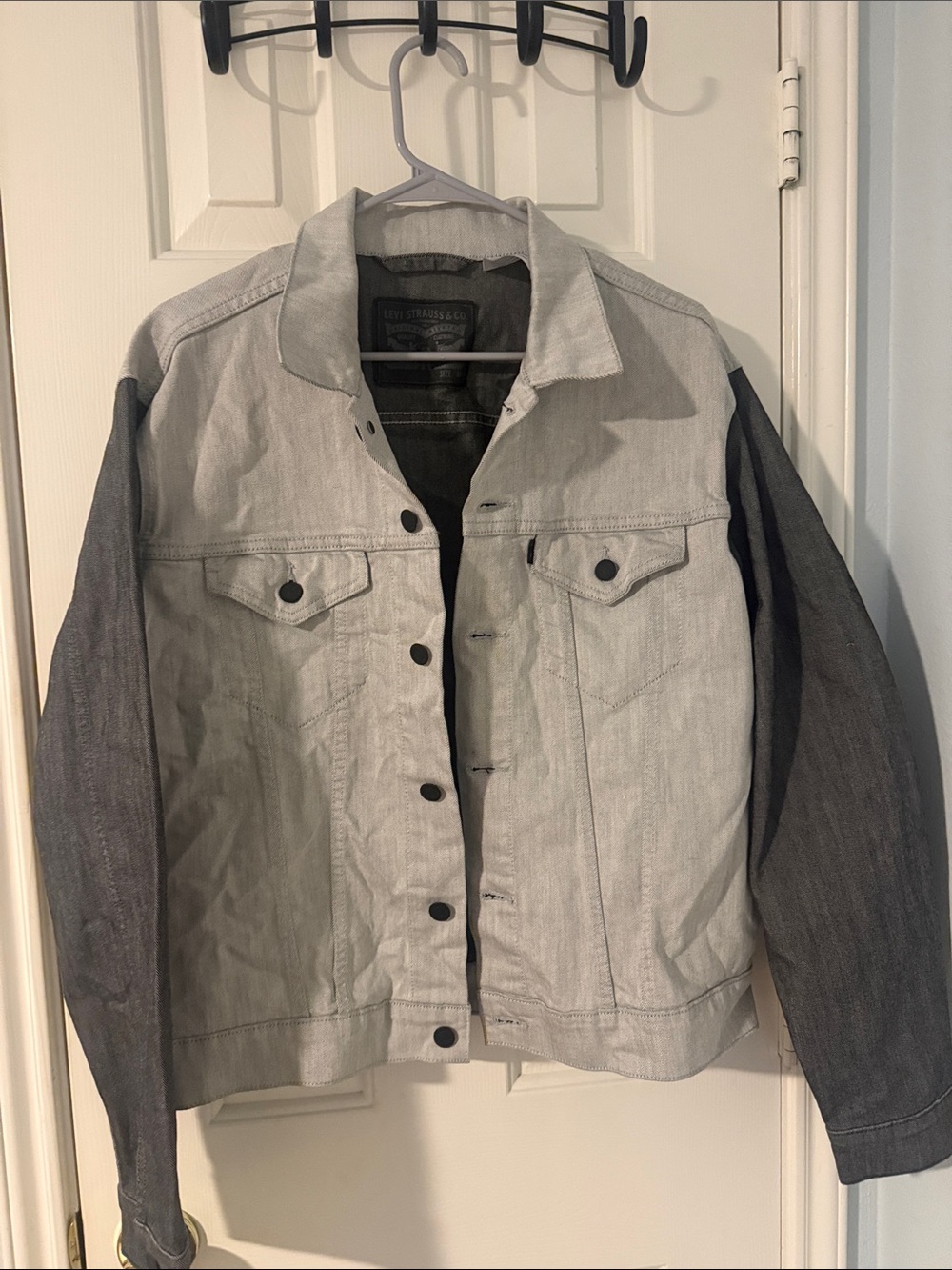 Two-Tone Denim Jacket - Light Gray Body with Dark Gray Sleeves
